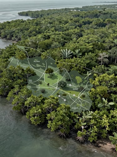 A technical mapping visualization overlaying a coastal mangrove forest, cool natural daylight, desaturated green tones, showing ecological zones.