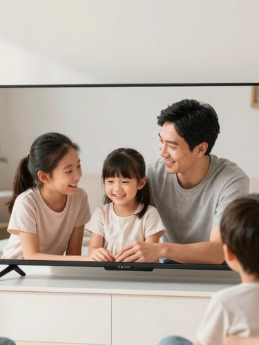 A happy family unboxing a new smart TV in their bright apartment, warm natural lighting, candid moment, crisp product details