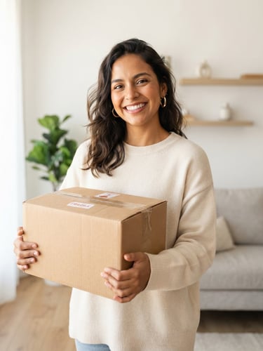 A smiling Latin American young woman holding a delivered package in a modern, bright living room, natural window light, soft shadows, clean background