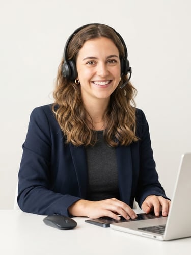 High-key studio shot of a modern customer support specialist wearing headphones, smiling warmly, minimalist off-white background
