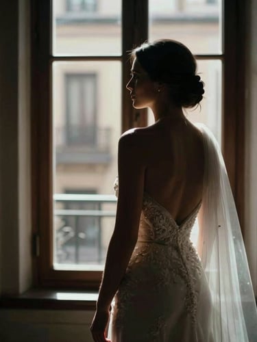 Cinematic portrait of a bride from behind, motion blur, looking out a tall window in Madrid, dramatic high-contrast natural light, deep shadows, rich film grain.