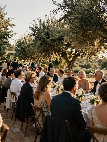 Wide angle cinematic shot of an outdoor wedding banquet in Mallorca, warm golden hour light filtering through olive trees, guests laughing candidly, motion blur, high contrast shadows, documentary style.