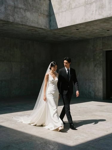 Cinematic wide shot, high-contrast direct sunlight, a bride and groom walking through a minimalist concrete courtyard in Madrid, deep shadows, editorial fashion framing, analog film grain.