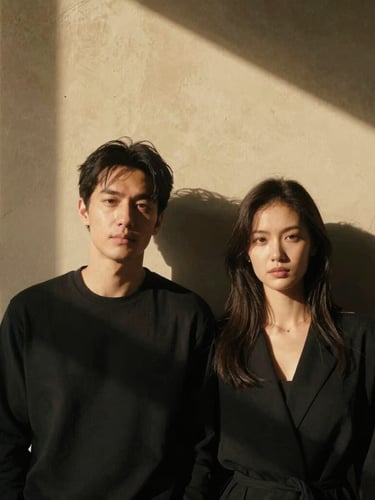 Cinematic medium-format portrait of a couple in high-contrast direct sunlight, shadows cutting across a warm plaster wall, unposed, editorial fashion aesthetic.