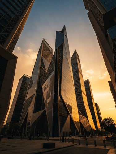 Dramatic low-angle golden hour shot of Riyadh's financial district architecture, sharp geometric lines, deep obsidian shadows, warm sand tones.