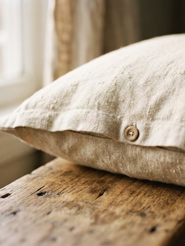Close-up of heavily textured cream linen pillow cover resting on a rustic wooden bench, soft morning window light, shallow depth of field