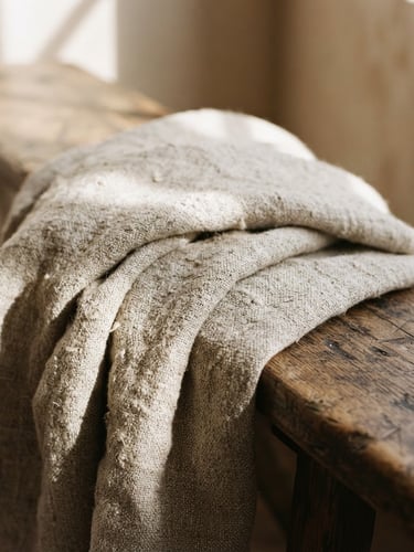 Close-up of heavy raw-textured flax linen draped over a rustic wooden bench, soft morning window shadows, warm editorial photography, 35mm film