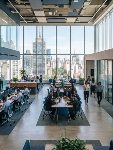 Wide environmental shot of a modern corporate office in São Paulo, bright natural daylight, professional business setting, clean blue and slate tones
