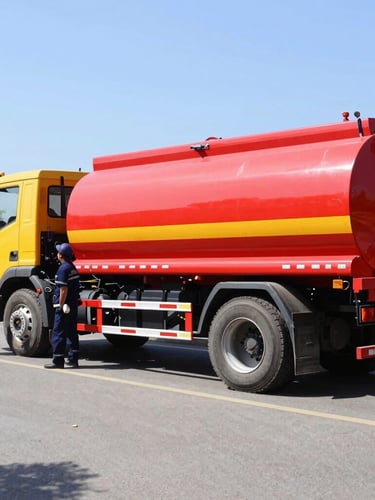 Bright documentary photography of a red and yellow vacuum tanker truck parked on a clean street during bright daylight, professional crew members standing beside it in uniforms.