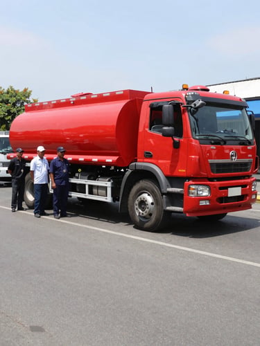 Bright daylight medium shot of a clean red vacuum tanker truck parked on a Manila street, professional crew in uniforms standing beside it