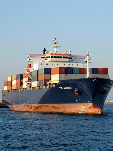Crisp industrial photography of a container vessel docked at a modern port during cool morning golden hour, deep blue water and warm sand tones, sharp focus, 35mm lens