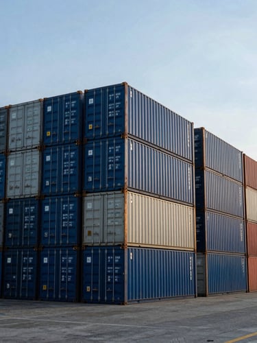 Wide-angle crisp industrial photography of a shipping port at cool morning daylight, stacks of cargo containers, deep blue tones, sharp focus.