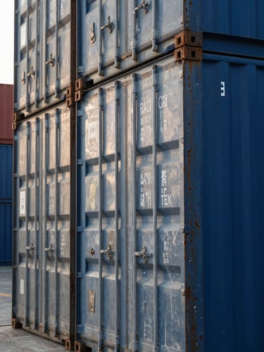Macro close-up of heavy steel shipping containers stacked at a modern logistics terminal, cool morning daylight, sharp focus.