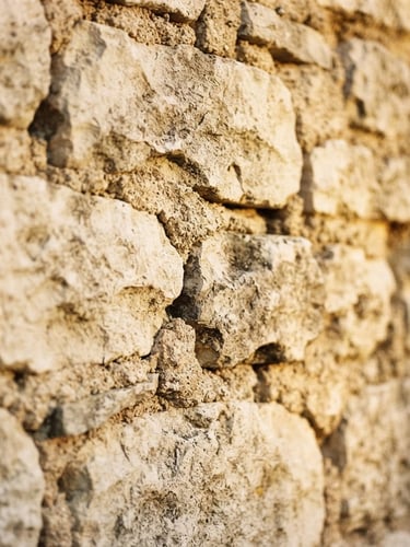 Close-up of a hand-carved limestone wall of a traditional Provençal mas, warm golden-hour light highlighting the rough mortar texture, shallow depth of field, 35mm