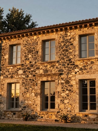 Low-angle heroic shot of a restored dry-stone facade of a luxury estate in Provence, warm twilight glowing through windows, olive trees in background, 35mm