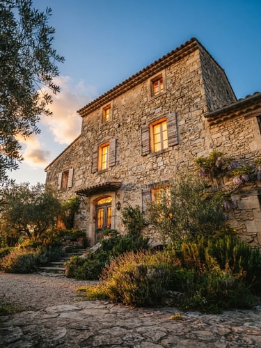 Low-angle heroic shot of a restored Provençal stone mas at golden hour, warm light glowing through windows, detailed stone textures, 35mm photography