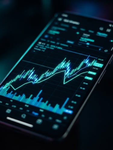 Macro shot of a modern smartphone screen displaying a sleek dark-mode finance app interface, glowing neon teal and electric blue charts, moody low-key ambient lighting, shallow depth of field