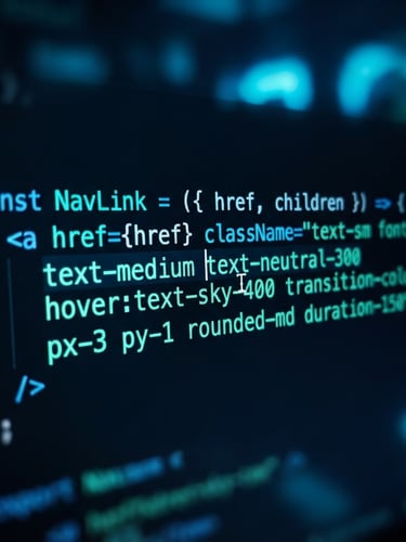 Macro shot of clean React and Tailwind code on a dark monitor, glowing neon teal and electric blue syntax highlighting, high-contrast moody lighting, extremely shallow depth of field, sleek tech aesthetic