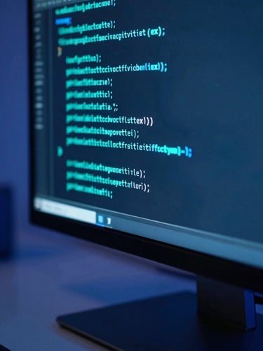 Close-up shot of clean code lines on a vertical dark monitor, glowing neon teal syntax highlighting, soft electric blue ambient light reflecting on a glass desk