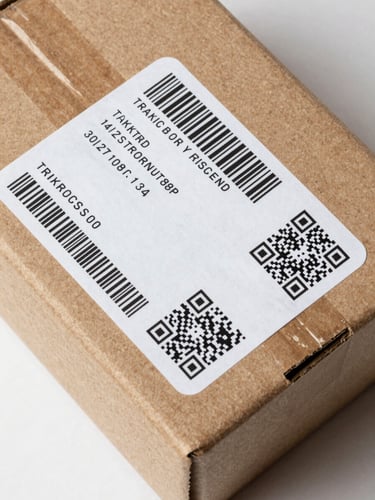 Close-up overhead flat-lay of a shipment label with a tracking barcode and QR code on a sealed cardboard box, natural studio lighting, crisp detail on the printed numbers and scan marks, clean surface beneath