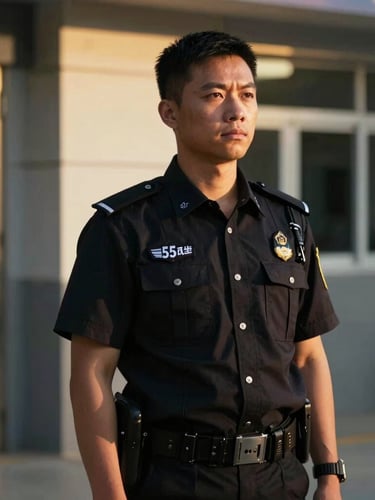 Cinematic portrait of a professional security operator in disciplined low-profile attire standing near a secure facility, soft golden hour lighting, sharp focus, 35mm