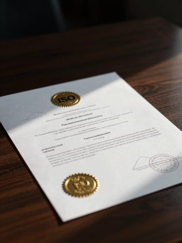 Low-key dramatic cinematic close-up of an ISO certification document on a dark wooden desk, gold seal catching soft window light, 35mm