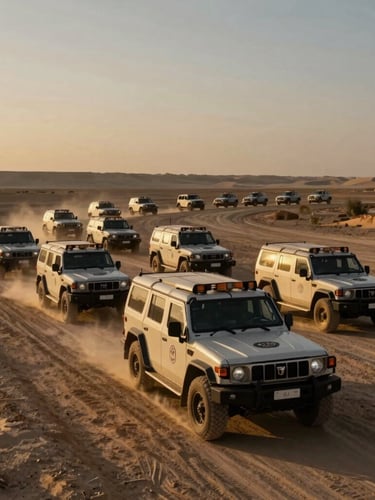 Wide panoramic shot of a secure corporate convoy of armored SUVs traversing a dusty Iraqi landscape at golden hour, low-key cinematic lighting, sharp focus, 35mm