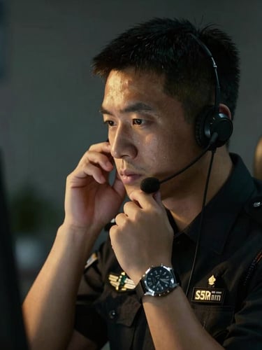 A professional security operator in low-profile disciplined attire adjusting communication gear, deep shadows with gold accent lighting, sharp focus, 35mm