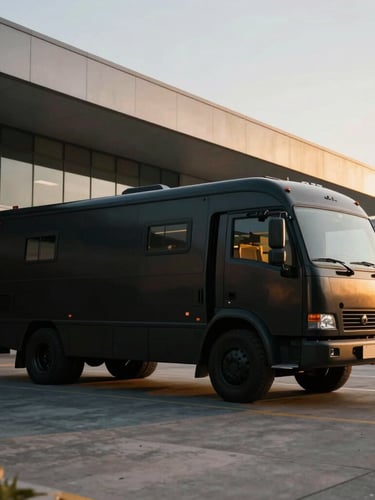 Wide environmental shot of a secure black transport vehicle parked outside a modern architectural facility at golden hour, sharp cinematic lighting, golden highlights, 35mm.