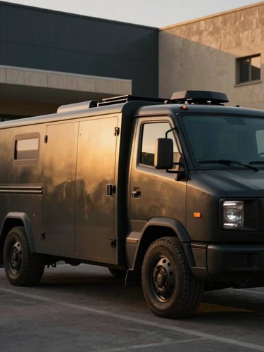 Low-key dramatic cinematic shot of a modern secure transport vehicle parked near a high-security facility in Baghdad, golden hour highlights, sharp focus, 35mm