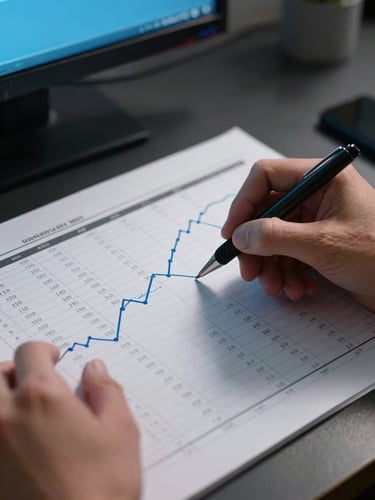 Extreme close-up overhead of hands annotating a printed data dashboard on a dark desk, a fine-tip pen marking a trend line, cool studio strobe light casting sharp shadows across columns of figures, single monitor glowing blue in the background edge