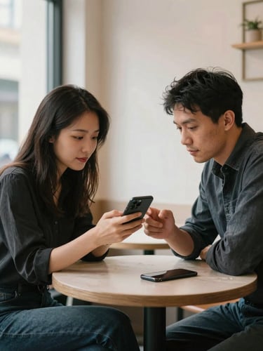 Medium shot of a woman and man seated across from each other at a small cafe table, both looking at a phone screen between them, natural window light from the left, candid and unposed, no filters, clean background