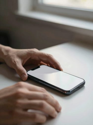 Medium shot of a person's hands resting on a table, phone face-up showing a clean profile screen, natural window light falling across the hands from the side, unfussy background, no filters
