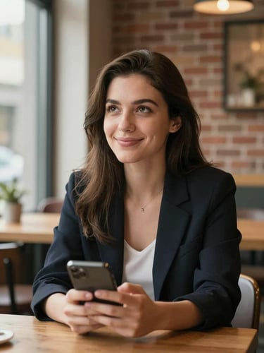 Medium shot of a young woman in her late twenties sitting at a café table, glancing up from her phone with a natural, unposed smile — natural window light from the left, warm but not golden, no filters, straightforward framing, blurred background of brick wall and wooden furniture