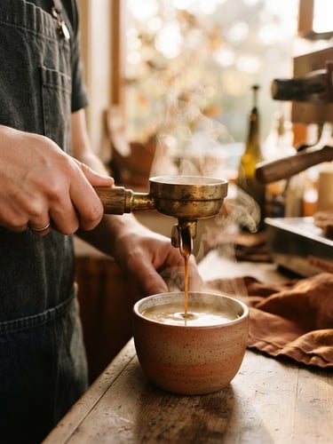 Close-up of barista hands pouring coffee from a brass filter, steam rising, warm golden-hour window light, shallow depth of field, rich terracotta and espresso tones.
