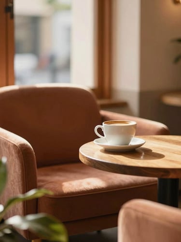 Portrait shot of a cozy cafe interior, soft natural light illuminating a comfortable armchair and a small wooden table with a ceramic coffee cup, green plants in foreground, warm, inviting atmosphere, shallow depth of field, terracotta accents.