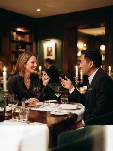 Wide panoramic of an intimate executive dinner in a low-lit private dining room, candid conversation between two well-dressed leaders, warm ambient light, shallow depth of field, deep forest green and rich wood tones.