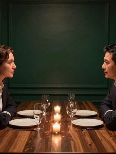 Intimate executive dinner in a low-lit private dining room, candid conversation between two leaders, warm ambient light, shallow depth of field, 35mm, deep forest green and rich wood tones, no direct eye contact
