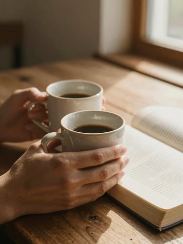 Close-up of hands holding warm ceramic mugs on a rustic wooden table, open Bible nearby, soft natural daylight, shallow depth of field.