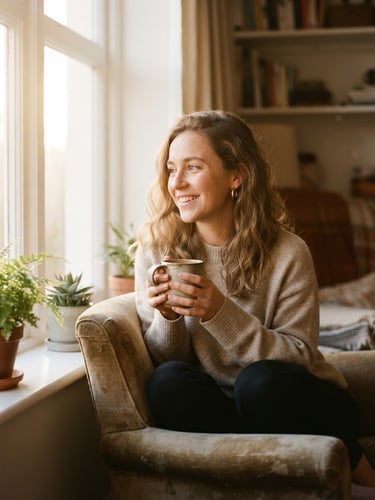 Warm editorial portrait of a woman sitting by a bright window, holding a ceramic mug, soft golden-hour light, gentle depth of field, 35mm film style.