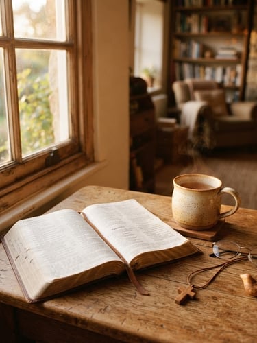 A cozy sunlit room with warm wooden tables, an open Bible, a steaming ceramic mug of tea, soft golden-hour light streaming through a window, 35mm film style