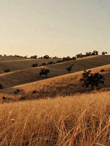 A wide panoramic shot of the Yucaipa foothills at sunset, soft golden grass, rolling oak-dotted hills, warm cinematic lighting, 35mm film style.