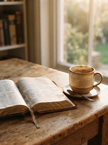 A peaceful wooden table with an open Bible, soft golden-hour window light illuminating a ceramic mug nearby, warm editorial photography style.