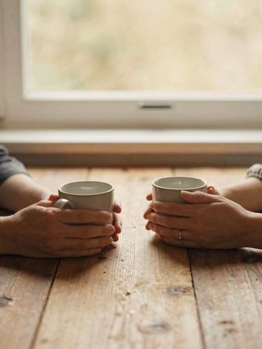 Warm editorial photography of two women sitting together at a rustic wooden table by a window, hands holding warm ceramic mugs, soft golden-hour daylight, gentle depth of field, 35mm film style.