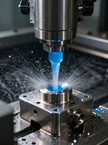 Macro close-up of blue-tinted flood coolant spraying inside a CNC VMC enclosure, bright metallic steel part being milled, high-contrast industrial shop light