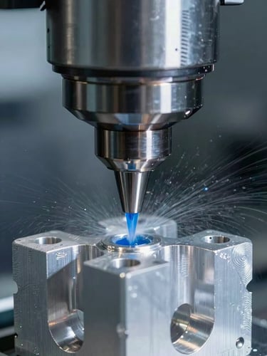 Macro close-up of a high-speed CNC milling tool cutting a complex aluminum block, blue-tinted flood coolant spraying, sharp metallic textures, cool industrial lighting