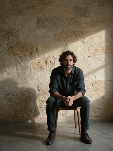 Fernando Perales sitting in a warm minimalist studio, looking thoughtful, natural soft light casting shadows on a stone wall, negative space.