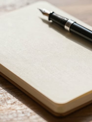 Close-up of a physical linen notebook and a fountain pen on a wooden table, soft morning light, clean shadows.