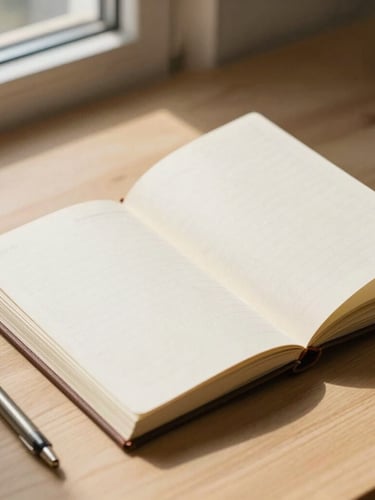Un primer plano de un cuaderno de notas de lino abierto sobre una mesa de madera clara, un bolígrafo de metal al lado, sombras suaves de una ventana.