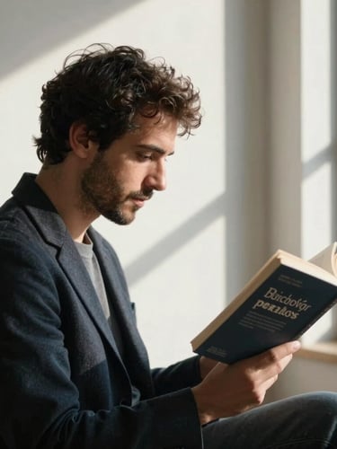 Retrato de perfil de Fernando Perales leyendo un libro de psicología cerca de una ventana con sombras arquitectónicas suaves y luz natural difusa.